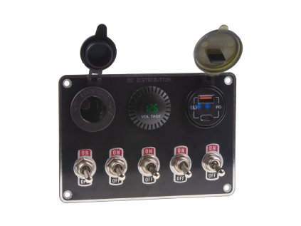 Panel s 5x spínači + 2x USB/Voltmetr a CL zásuvka, 12/24V