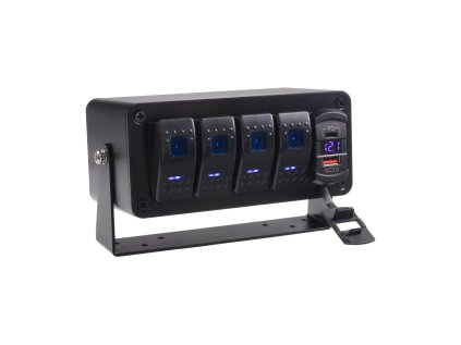 Panel s 4x spínači Rocker, voltmetr +  USB/USB-C zásuvka, 12/24V