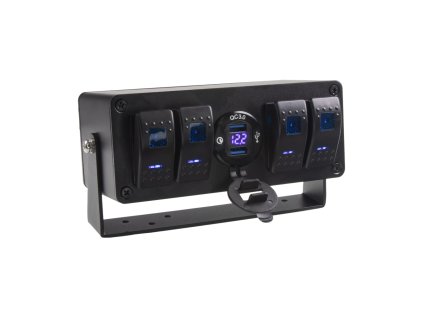 Panel s 4x spínači Rocker, voltmetr +  2x USB zásuvka, 12/24V