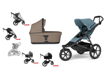 THULE Kočárek Mid Blue, korbička tinted taupe, madlo + neorig. příslušenství