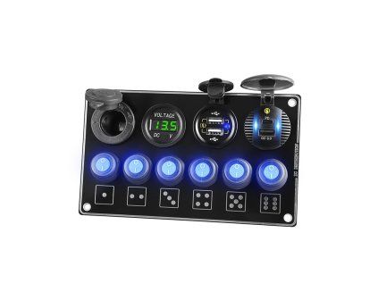 Panel s 6x spínači + 4x USB PD/Voltmetr/CL zásuvka, 12/24V