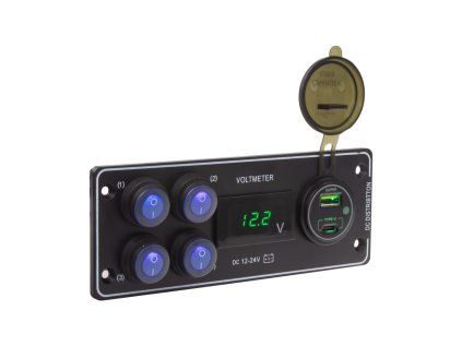 Panel s 4x spínači + USB-C/USB-A + Voltmetr, 12/24V