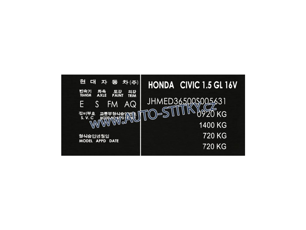 HONDA - výrobní štítek, typový štítek vozidla, povinný štítek výrobce