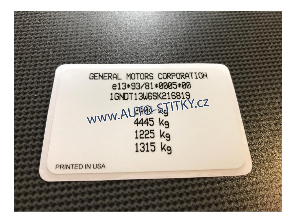 výrobní štítek GM, GM typový štítek vozidla, povinný štítek výrobce GM, GM výroba štítků na auta, Generals Motors štítek