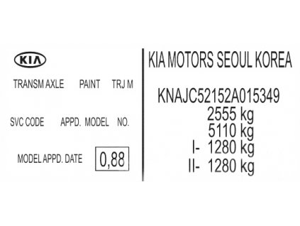 KIA - výrobní štítek, typový štítek vozidla, povinný štítek výrobce