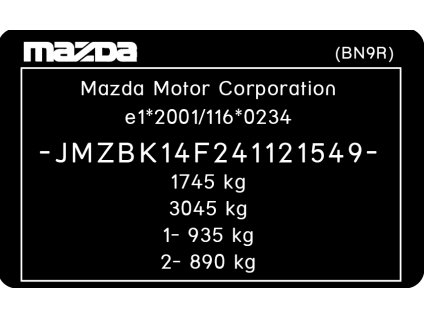 MAZDA typový štítek, MAZDA štítek, MAZDA výrobní štítek, MAZDA typový štítek vozidla, MAZDA štítek, MAZDA PVC štítek