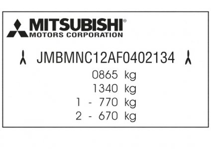Mitsubishi SX,  Mitsubishi Colt, Mitsubishi Eclipse cross, Mitsubishi L200, Mitsubishi Lancer, Mitsubishi Outlander, Mitsubishi  Space Star - výrobní štítek, typový štítek vozidla, povinný štítek výrobce, Mitsubishi typový štítek, Mitsubishi štítek, Mitsubishi výrobní štítek, Mitsubishi typový štítek vozidla, Mitsubishi štítek, Mitsubishi PVC štítek