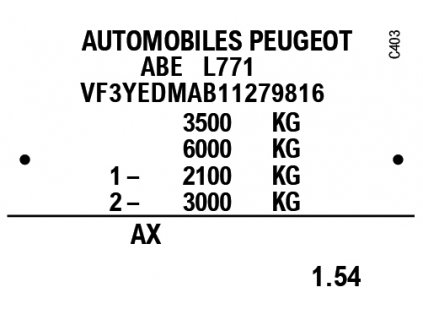 Peugeot - výrobní štítek, typový štítek vozidla, povinný štítek výrobce