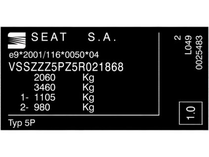 štítek Seat - štítek Alhambra, štítek Altea, štítek Toledo, štítek Cordoba, výrobní štítek SEAT , typový štítek SEAT, povinný štítek výrobce SEAT