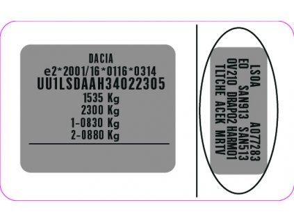 Dacia Logan, Dacia Sandero, Dacia Dokker, Dacia Duster, Dacia Jogger - typový štítek, štítek, výrobní štítek, typový štítek Dacia