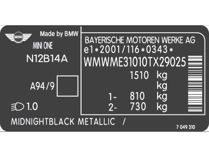 mini, mini cooper štítek, BMW typový štítek, BMW štítek, BMW výrobní štítek, BMW typový štítek vozidla, BMW štítek, BMW PVC štítek
