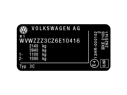 Wolksvagen - výrobní štítek, typový štítek vozidla, povinný štítek výrobce
