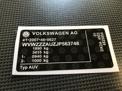 VOLKSWAGEN štítek , štítel Volkswagen,  Výroba štítků, výrobní štítky na vozidla, výrobní štítky na vozidlo, typový štítek vozidla, výroba štítku na auto, výrobní štítek