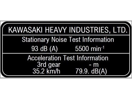 Kawasaki stitek, Kovovy stitek Kawasaki, Hlinikovy stitek Kawasaki, Kawasaki štítek, Kawasaki výrobní štítek, typový štítek Kawasaki, štítek výrobce Kawasaki