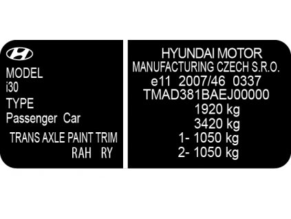 HYUNDAI - výrobní štítek, typový štítek vozidla, povinný štítek výrobce