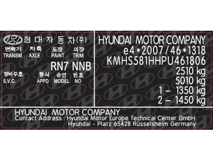 HYUNDAI - výrobní štítek, typový štítek vozidla, povinný štítek výrobce