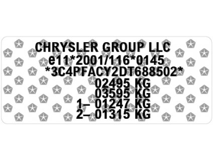 CHRYSLER typový štítek, CHRYSLER štítek, CHRYSLER výrobní štítek, CHRYSLER typový štítek vozidla, CHRYSLER štítek, CHRYSLER PVC štítek