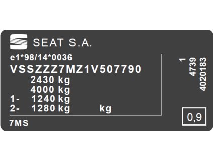 SEAT typový štítek, SEAT štítek, SEAT výrobní štítek, SEAT typový štítek vozidla, SEAT štítek, SEAT PVC štítek