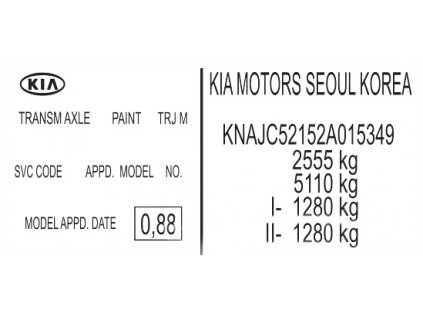 Kia - Sorento, Soul, Sportage, Stonic, Venga - výrobní štítek, typový štítek vozidla, povinný štítek výrobce