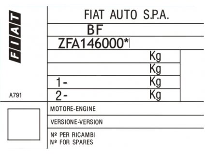 Punto,Fiat Panda, Fiat  Fiat  500, Fiat Bravo, Fiat Doblo, Fiat Ducato, Fiat Freemont, Fiat Sedici, Fiat Tipo, Fiat Stilo - výrobní štítek, typový štítek vozidla, povinný štítek výrobce