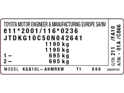 Toyota Auris stitek, Toyota Avensis stitek, Toyota Aygo stitek, Toyota CH-R stitek, Toyota Camry stitek, Toyota Corolla stitek, -výrobní štítek, typový štítek Toyota, Toyota štítek výrobce