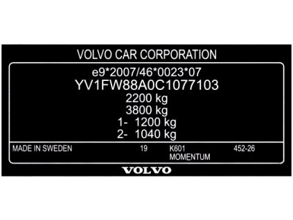 Volvo XC40, Volvo XC60, Volvo XC70, Volvo XC90 - typový štítek, výrobní štítek, typový štítek vozidla, povinný štítek výrobce