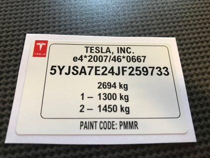 TESLA typový štítek, TESLA štítek, TESLA výrobní štítek, TESLA typový štítek vozidla, TESLA štítek, TESLA PVC štítek