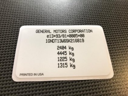výrobní štítek GM, GM typový štítek vozidla, povinný štítek výrobce GM, GM výroba štítků na auta, Generals Motors štítek, výrobní štítek GM, Cadillac typový štítek vozidla, povinný štítek výrobce Cadillac, Cadillac výroba štítků na auta, Cadillac štítek