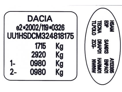 DACIA - štítek, výrobní štítek, typový štítek vozidla