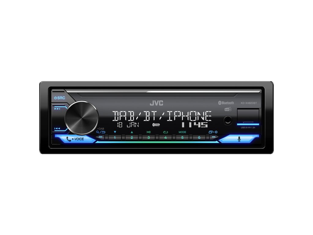 JVC DAB+ / FM autorádio bez mechaniky/Bluetooth/USB/AUX/odním.panel/multicolor