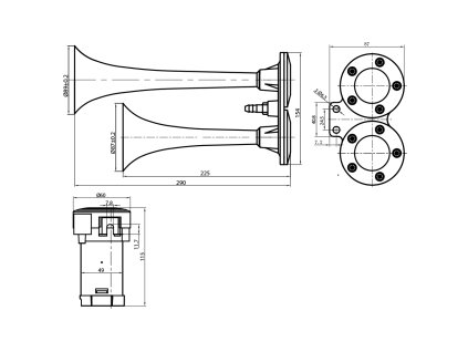2-tónová fanfára 168/207mm, 12V stálý tón s kompresorem
