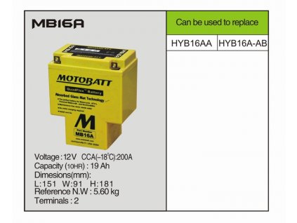 MotoBatt MB16A -19 AH 200A 12V - Baterie přednabitá