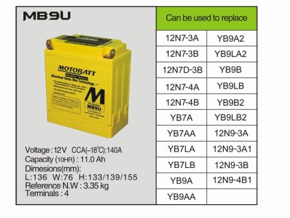 MotoBatt MB9U - 11Ah 140A 12V - Baterie přednabitá