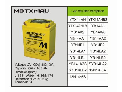 MotoBatt MBTX14AU -16,5 AH 190A 12V - Baterie přednabitá