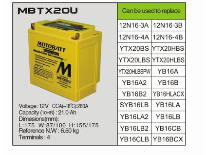 MotoBatt MBTX20U -21AH 280A 12V - Baterie přednabitá