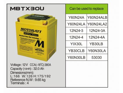 MotoBatt MBTX30U -32AH 380A 12V - Baterie přednabitá