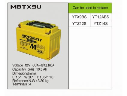 MotoBatt MBTX9U - 10,5Ah 160A 12V - Baterie přednabitá