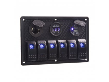 Panel s 6x spínači Rocker, voltmetr, CL + USB zásuvka, 12/24V