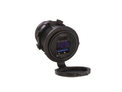 x USB nabíječka QC3.0 + USB-C, digitální voltmetr do panelu