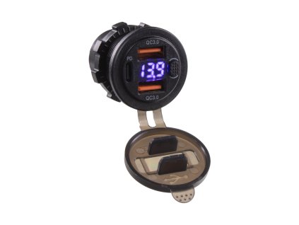 2x USB nabíječka QC3.0 + USB-C, digitální voltmetr do panelu