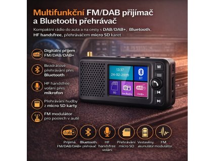 Multifunkční FM + DAB přijímač / Bluetooth HF + přehrávač / micro SD / FM modulátor / akumulátor