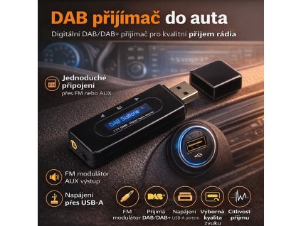 DAB přijímač přes FM modulátor / AUX výstup, napájení USB-A