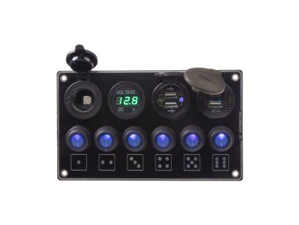 Panel s 6x spínači + 4x USB PD/Voltmetr/CL zásuvka, 12/24V