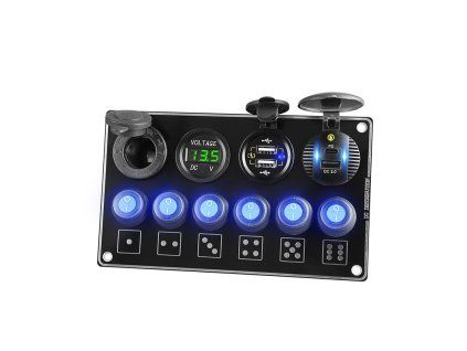 Panel s 6x spínači + 4x USB PD/Voltmetr/CL zásuvka, 12/24V