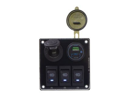 Panel s 3x spínači + USB-C/USB-A + CL zásuvka, 12/24V