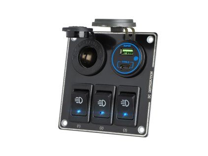 Panel s 3x spínači + USB-C/USB-A + CL zásuvka, 12/24V
