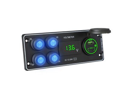 Panel s 4x spínači + USB-C/USB-A + Voltmetr, 12/24V