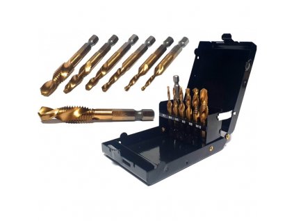 Rýchlorezné HSS vrtáky závitovacie s titánovými závitníkmi M3-M10 , 7-dielna sada závitovacích vrtákov HEX 11536