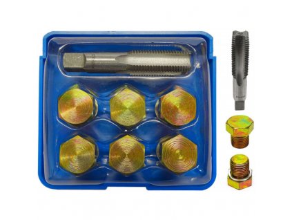 Závitník na opravu závitov olejových vaní M13×1,25 mm, so skrutkami (6 ks), univerzálna sada – QUATROS QS60169  Súprava závitníka a skrutiek na opravu poškodených a strhnutých závitov olejových vaní. Závitníkom ľahko a bez demontáže vane zväčšíte poškodený závit o jeden milimeter.  Táto sada s M13×1,25 mm závitníkom je teda vhodná pre olejové vane, v ktorých bol pôvodne závit M12×1,25 mm. Súčasťou sady je tiež šesť skrutiek so závitom M13 (veľ. 17 mm) a 12 ks tesniacich podložiek.  Sada je dodávaná v praktickom plastovom puzdre.  Technické parametre: - pre vane s poškodeným závitom M12×1,25 - veľkosť závitníka: M13×1,25 - upínací štvorhran závitníka: 8 mm