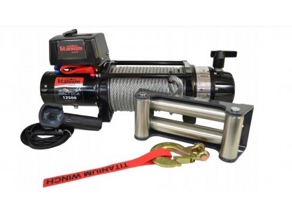 Titanový naviják s drátovým i bezdrátovým ovládáním + ocelové lano s hákem, ovladač 12500LBS 12V